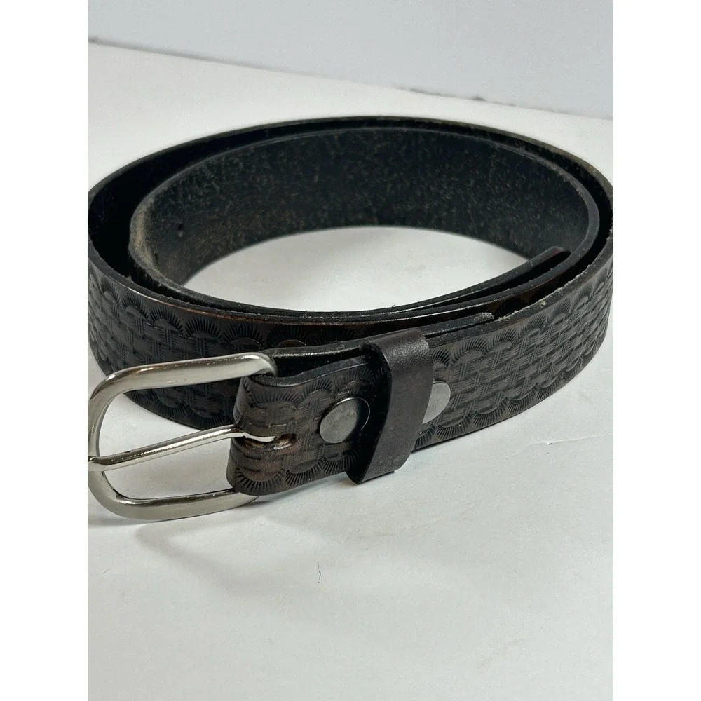 Vintage Western Brown Leather Belt Basketweave Tooled Solid Brass Buckle Size 36